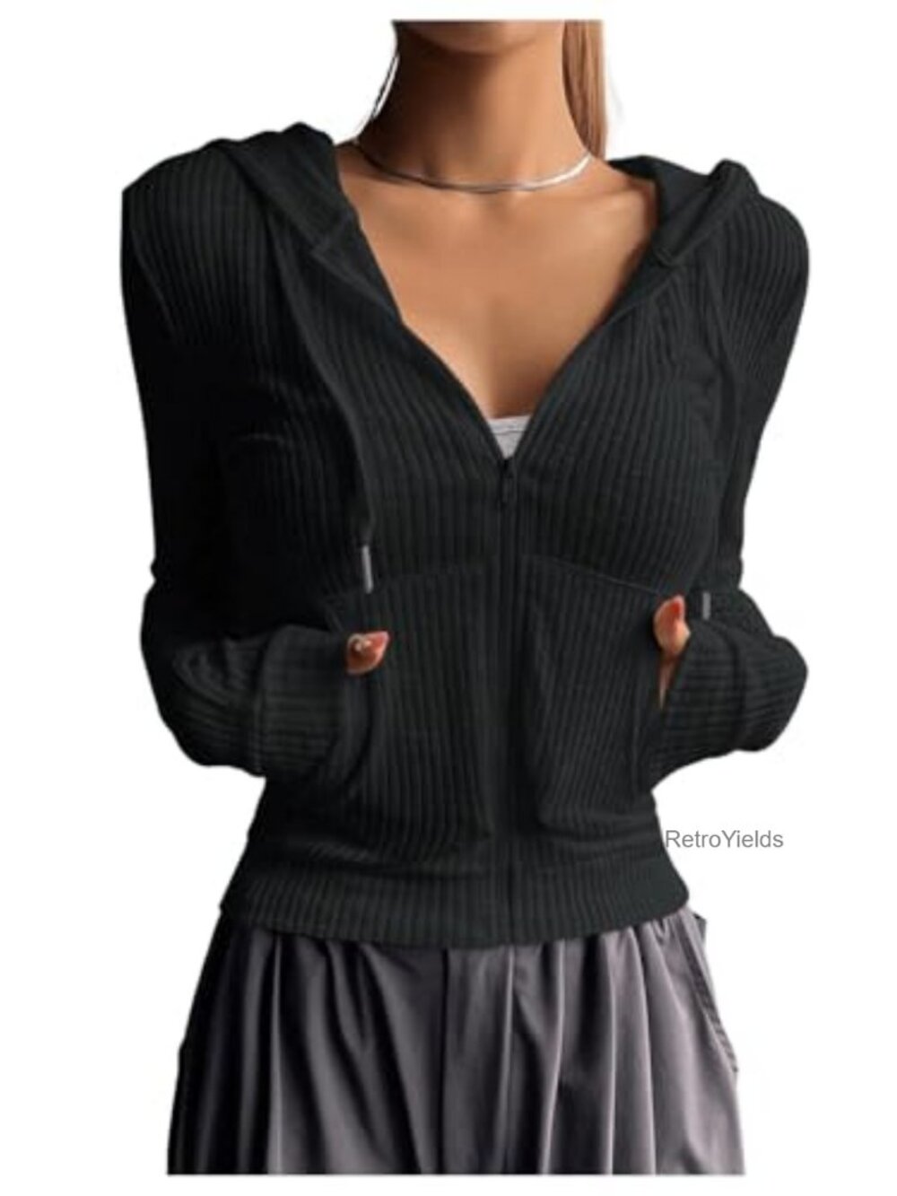 Cropped Zip Up Hoodie Long Sleeve Lightweight Y2K Track Jacket with Pockets